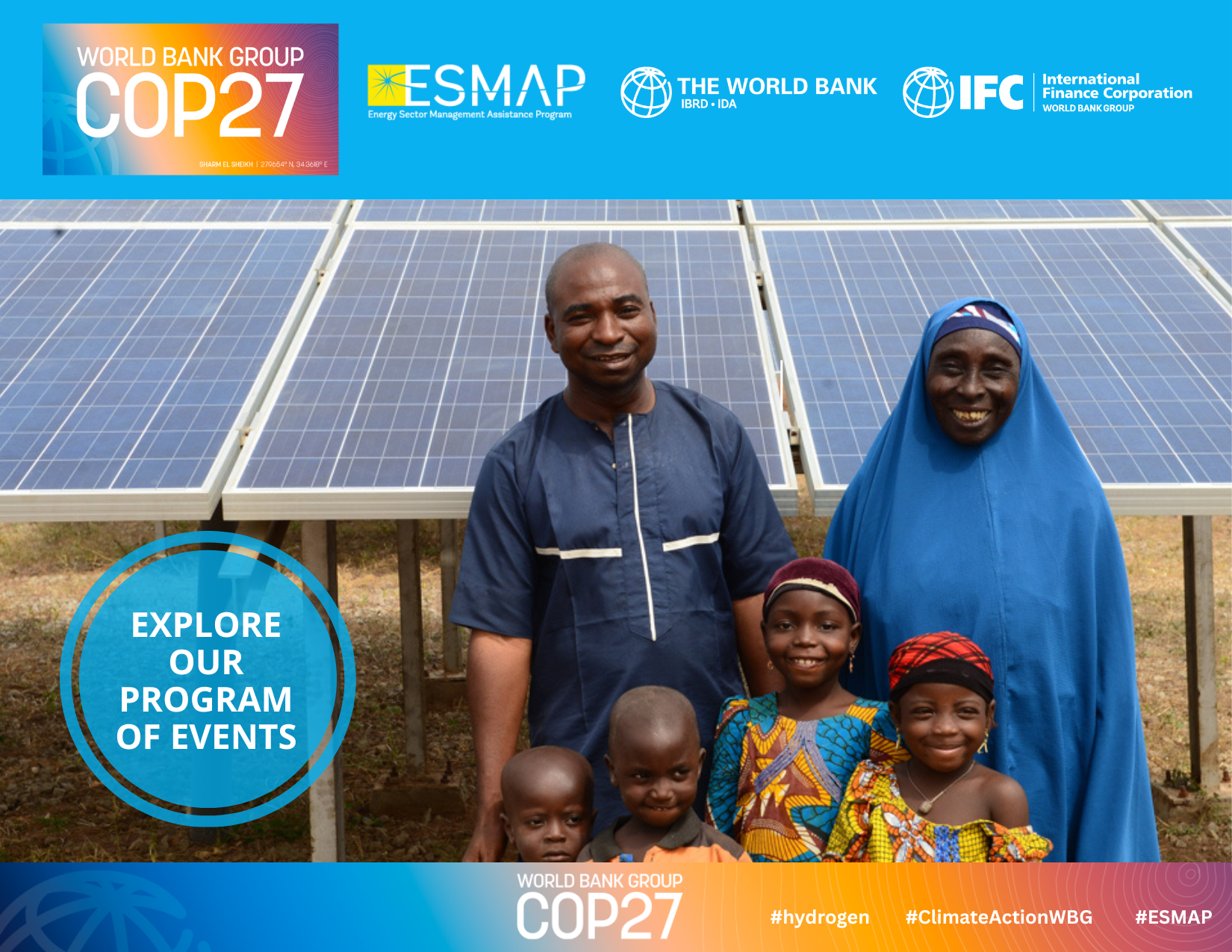 Flyer for the event World Bank Group at COP26 featuring an African married couple with their two young children in front of solar panels