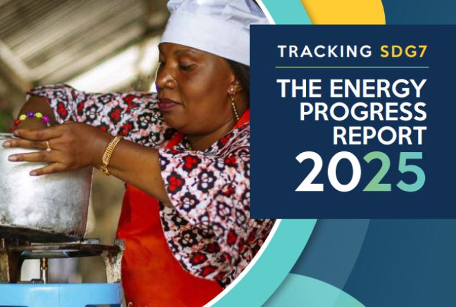 Tracking SDG7 | The Progress Report 2025 Cover image for Tracking SDG7: The Energy Progress Report 2025 showing a person cooking on a clean cookstove, with a pot on the burner. Graphic design elements include circular shapes and the report title, with logos of the report’s custodian agencies at the bottom.
