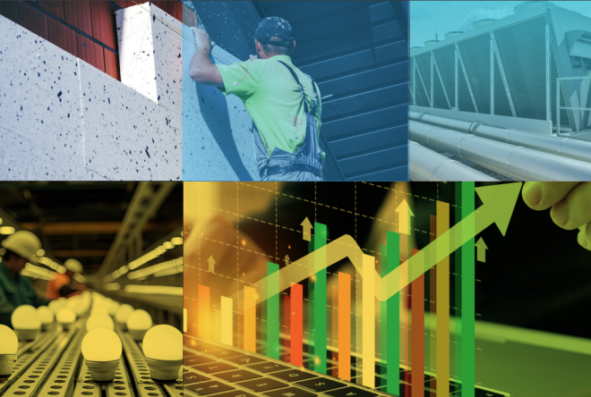 Graphic illustrating themes in energy efficiency, building retrofits, industrial HVAC systems, LED lighting manufacturing, and growth