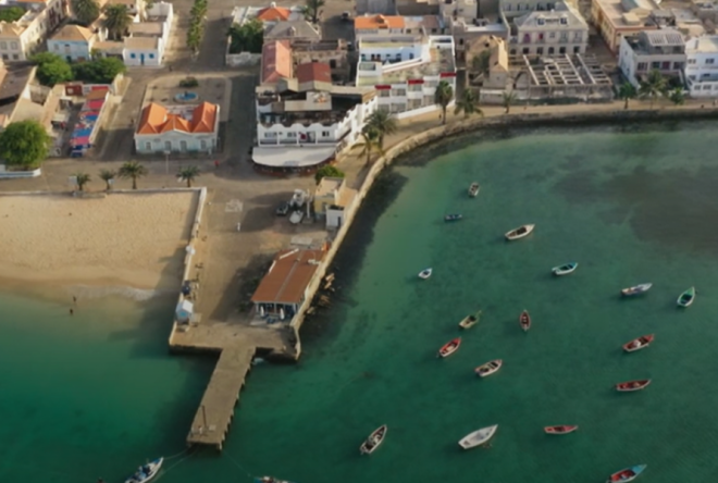 Aerial view of a coast with boats