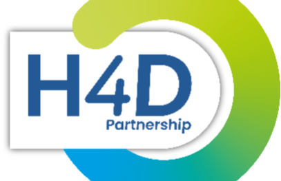 H4D Partnership logo featuring the blue text “H4D Partnership” inside a white rounded shape, overlaid on a circular ring with a green-to-blue gradient background.