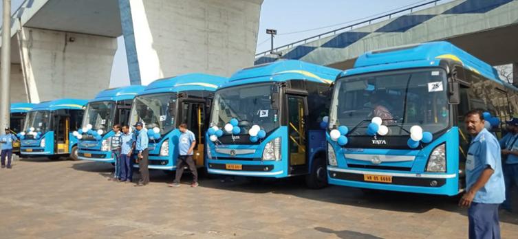 electric buses fleet, blue, lined up, Kolkata