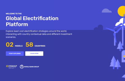 Blue landing page for the Global Electrification Platform with the heading ‘Welcome to the Global Electrification Platform.’ The page highlights least-cost electrification strategies worldwide, shows ‘02 models’ and ‘58 countries,’ and includes ‘Start Exploring’ and ‘Learn More’ buttons. An illustrated wind turbine, sun, clouds, trees, and buildings appear on the right. ESMAP and World Bank Group logos are shown at the bottom.