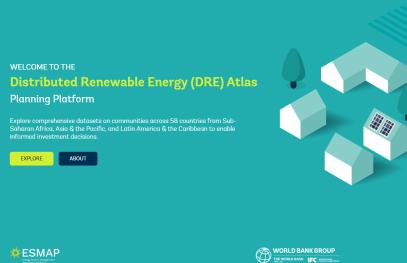 Teal landing page for the Distributed Renewable Energy (DRE) Atlas Planning Platform. The page invites users to explore datasets on communities across 58 countries in Sub-Saharan Africa, Asia and the Pacific, and Latin America and the Caribbean. ‘Explore’ and ‘About’ buttons appear on the left, with illustrated houses, one with solar panels, and trees on the right. ESMAP and World Bank Group logos are shown at the bottom.