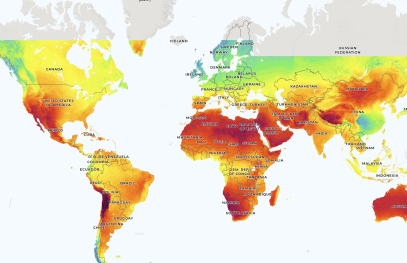 Global solar resource map showing variations in solar energy potential across regions, with color gradients indicating higher and lower resource availability worldwide.