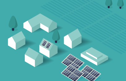 Stylized illustration of a community with buildings, solar panels, trees, and agricultural plots representing distributed renewable energy deployment.