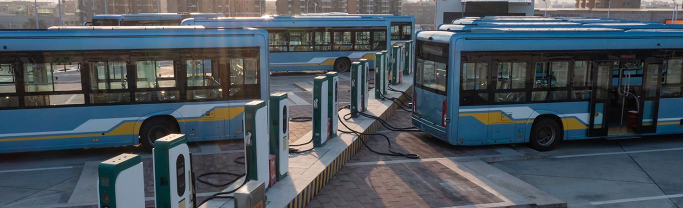 blue Electric buses at charging station