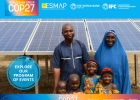 Flyer for the event World Bank Group at COP26 featuring an African married couple with their two young children in front of solar panels