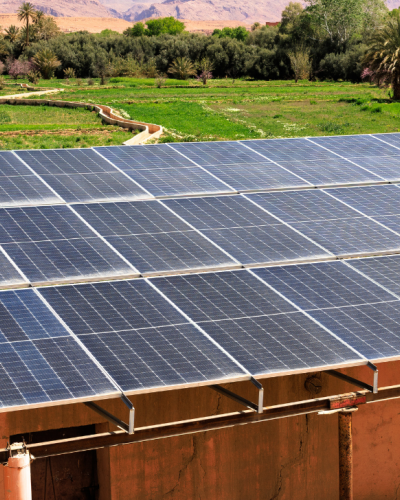 Off-grid Solar Banner - Credit: Getty Images / mariamontoyart Solar panels mounted on the roof of a small building in a rural setting, with trees and open land visible around the structure.