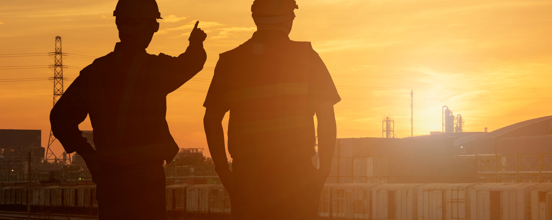 Two people looking towards the sunset in an industry setting