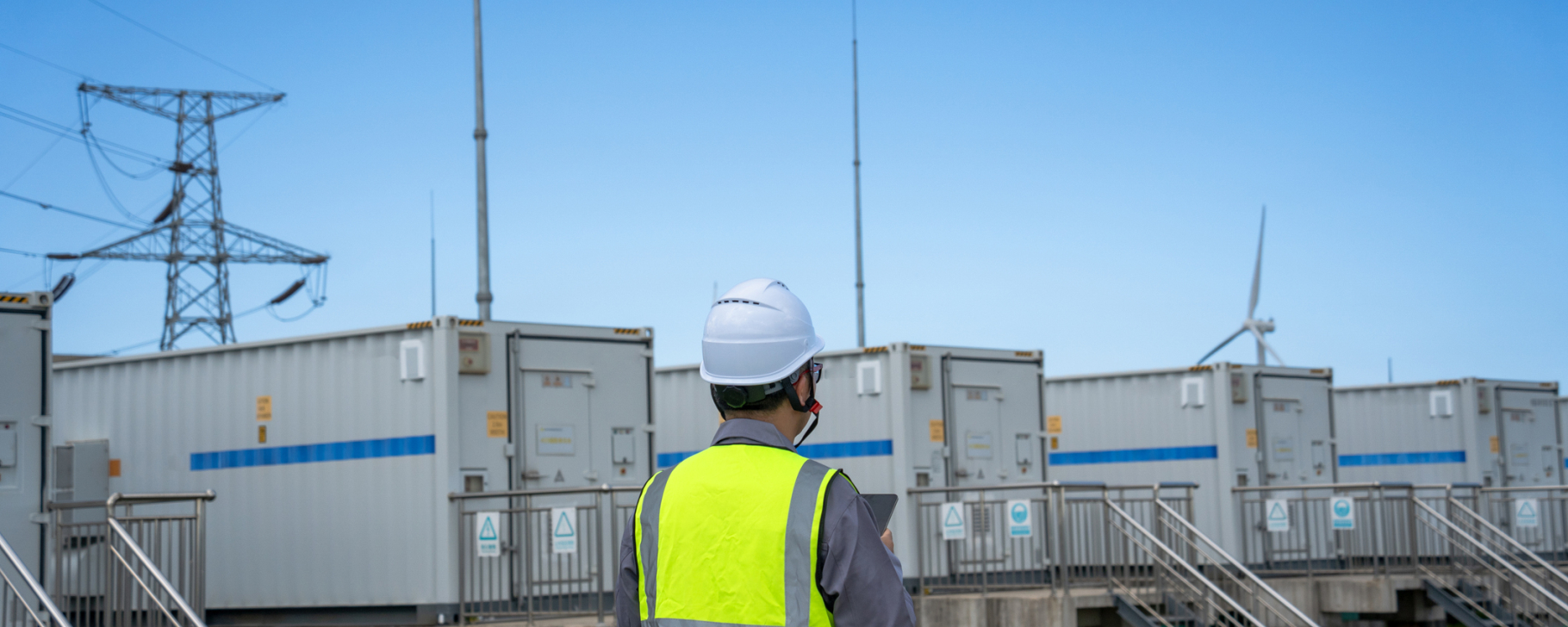 Person stands outdoors at an industrial energy storage facility