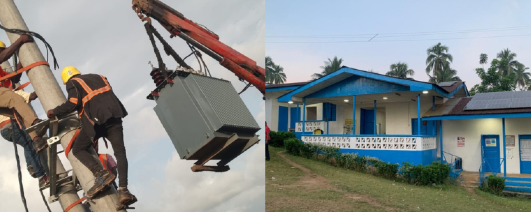 Split image showing two energy-access scenes: on the left, two utility workers in safety helmets and harnesses install a transformer on a concrete electricity pole using a crane; on the right, solar panels are mounted on the roof of a blue-and-white building surrounded by palm trees.