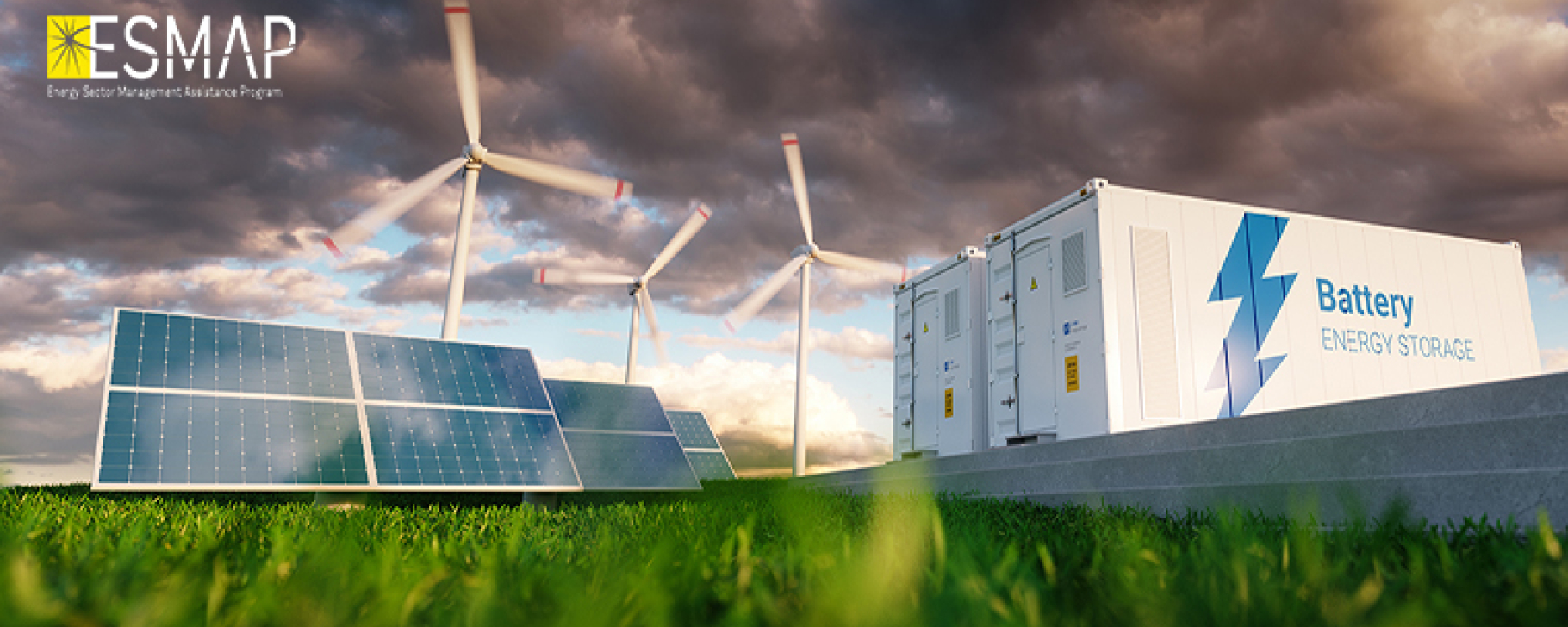 Image of a battery energy storage facility with ESMAP's logo on it