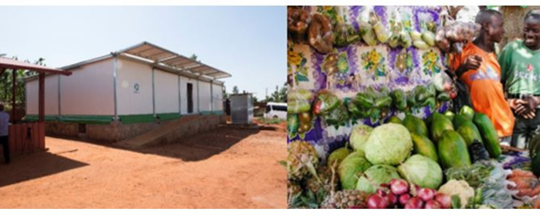 Farmers market with two African man and a building in rural Africa