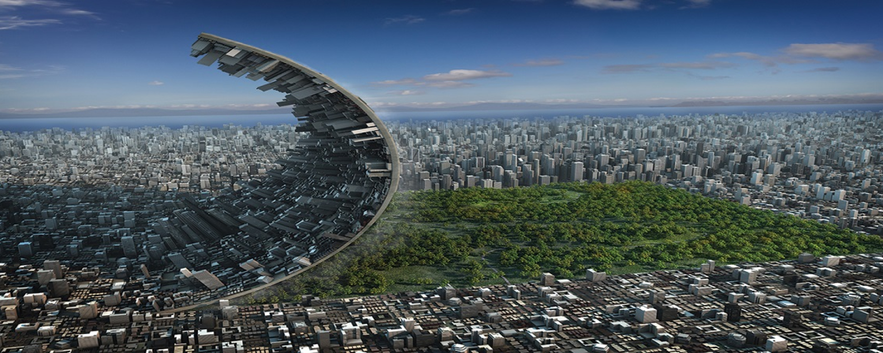 Urban cooling Image of a virtual reality in which a layer of dense buildings is covering green spaces adjacent to urban areas