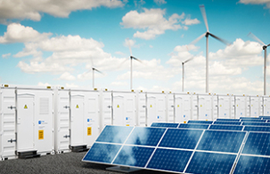 energy storage, batteries and wind turbines in a field