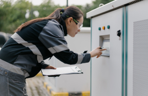 Person wearing safety gear working inside an outdoor electrical control cabinet, adjusting components with tools.