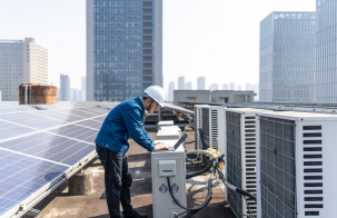 Person wearing a safety helmet working on rooftop energy equipment next to solar panels and cooling units, with tall buildings visible in the background.