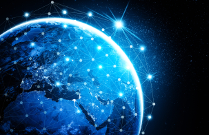Global network connection covering the earth with lines of innovative perception .