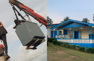 Split image showing two energy-access scenes: on the left, two utility workers in safety helmets and harnesses install a transformer on a concrete electricity pole using a crane; on the right, solar panels are mounted on the roof of a blue-and-white building surrounded by palm trees.
