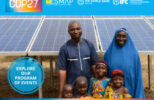 Partnership between ESMAP and GEAPP to accelerate energy access Flyer for the event World Bank Group at COP26 featuring an African married couple with their two young children in front of solar panels