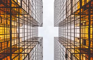 Urban areas Looking at two high risers from the bottom up and towards the sky