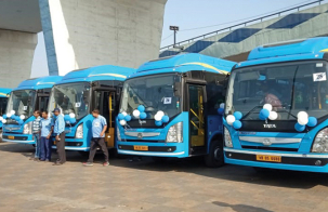 electric buses fleet, blue, lined up, Kolkata