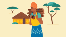 Illustration: woman, child, carrying wood