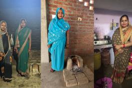 Three women stand in their homes in front of different cooking setups: one with traditional solid‑fuel stoves using wood or charcoal, and one with an LPG gas stove. The image illustrates household cooking transitions and differences in access to clean cooking fuels.